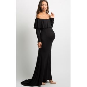 Pinkblush Off the Shoulders Black Long Sleeve Ruffle Maternity Photoshoot Gown